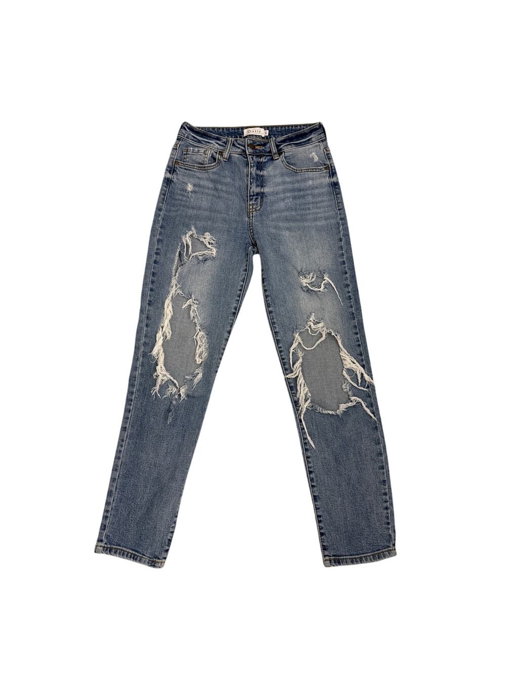 Oasis by Eunina Jeans Blue Denim Mid Rise Destroyed Straight Jeans Size 1